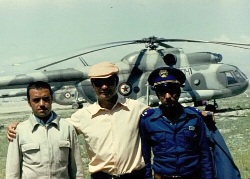 Soviet and Afghan technical crew and the 380th Afghan Hellicopter Squadron’s Mi-8T hellicopter at Dehdadi airport in the early eighties.