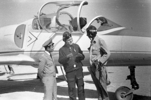 Soviet trainer and two Afghan student with their L-39C Albatros at Dehdadi. This airfield has a unpaved runway of 1.24 mi (2.00 km)