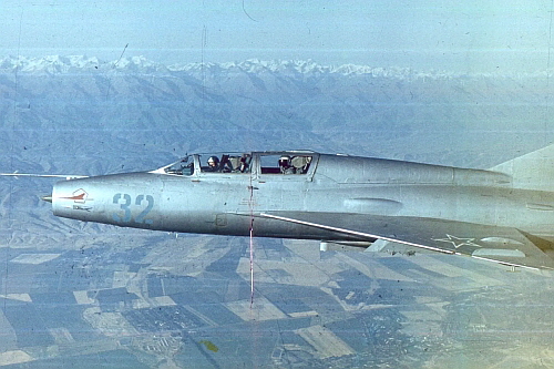 The Soviet 5th Training Center/322nd Training Aviation Regimen’s early MiG-21UM ‘Mongol-B’ trainer aircraft over the Kirghiz Soviet Socialist Republic.