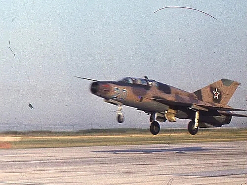 The 322nd Training Aviation Regiment's MiG-21UM over the runway