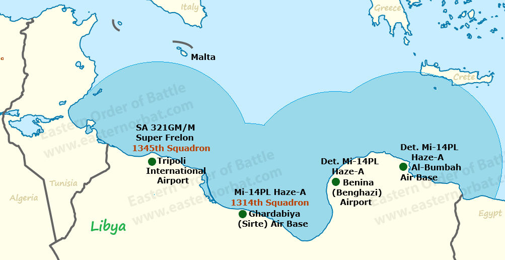Major Libyan SAR bases and their patrol areas in the first half of the 1980s. Until the Saipem incident in 1980, Libya also operated SAR helicopters from Malta. But after that, relations between the two countries deteriorated. Major Libyan SAR bases and their patrol areas in the first half of the 1980s. Until the Saipem incident in 1980, Libya also operated SAR helicopters from Malta. But after that, relations between the two countries deteriorated.
