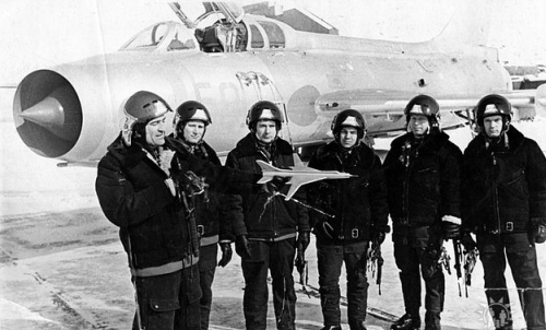 Soviet 26th Guard Fighter-Bomber Air Regiments pilots in front of their Su-7U Moujik advanced trainer jet