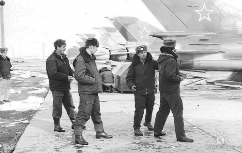 The 27th Guard Fighter Air Regiments ground crew and their MiG-21 Fishbed in Bagram airport Afganistan.