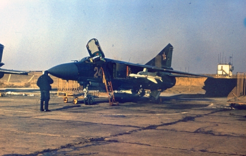 USSR MiG-23P Flogger-G at Privolzhskiy, Astrakhan airport with R-24 AA-7 Apex and R-60M AA-8 Aphid missile