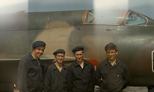 Soviet Air Force of the Southern Group of Forces's mechanical crews front of their MiG-21bis Fishbed-L at Hungary Tkl airport