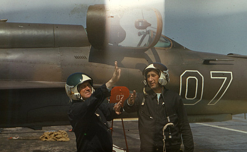 USSR 515th Fighter Air Regiment's pilots front of their MiG-21bis Fishbed-L at Hungary Tkl air base