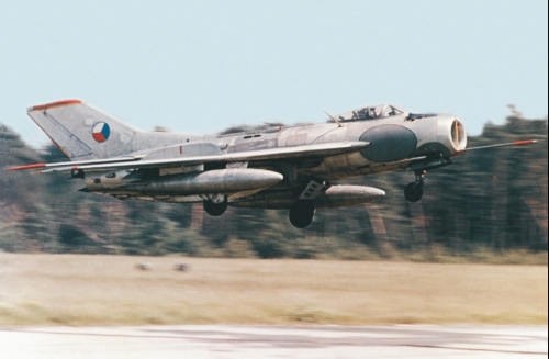 A Czechoslovak S-105 (MiG-19S) 'Farmer C', of the 5th Fighter Air Regiment, lands at its home base at Line, southwest of Pilsen. Photo Zdenek Prochazka collection