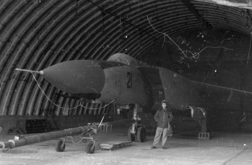 USSR 82nd Fighter Air Regiments MiG-25PDS Foxbat-E under a hardened aircraft shelter in the eighties