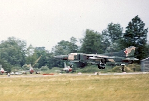 The MiG-23M 'Flogger-B of the Soviet 92nd Fighter Air Regiment at Ppa airbase Hungary in 1979. In the background the Hungarian 47th Fighter Air Regiment's MiG-21bis Fishbed-L/N interceptor aircrafts.