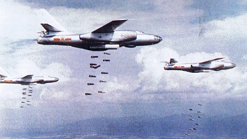 The Chinese 48th Bomber Divisions Harbin H-5 IL-28 Beagle front bombers while doing a demonstrative bombing exercise.