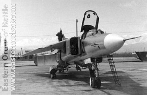 Soviet MiG-23MS Flogger-E export fighter version in Lugovaya airport. In the background the snowy peaks of the Tien-San.