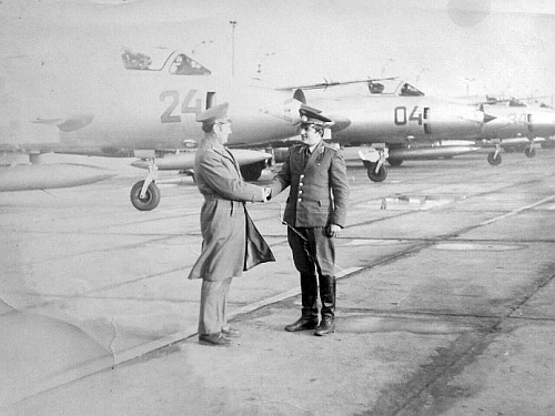 Early metallic color Su-17M3 Fitter-H fighter-bomber aircraft at Cherlyany airport in the seventies