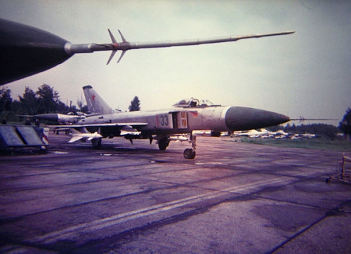 The Soviet 57th Guard Fighter Air Regiment PVO's Su-15TM 'Flagon-F'interceptors at the Besovets airport.