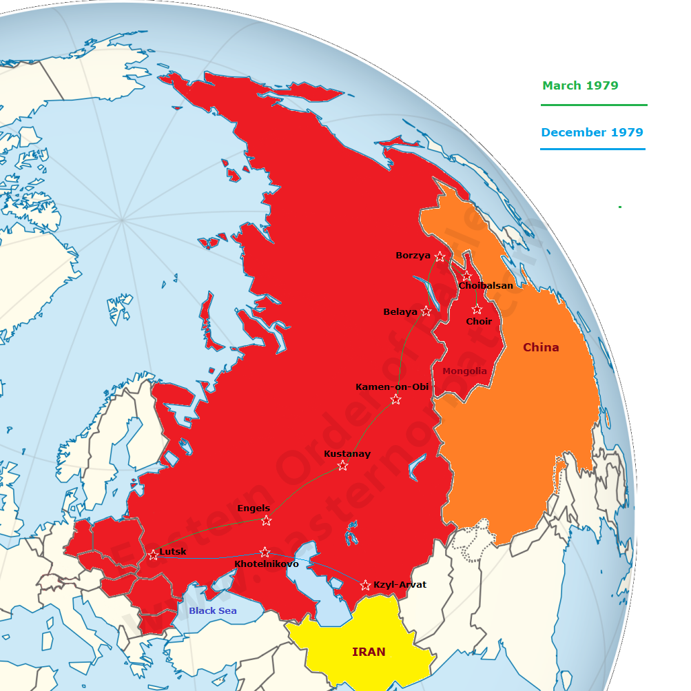 The Soviet 806th Fighter Bomber Air Regiment's route in Mongolia and Soviet-Iranian border in 1979