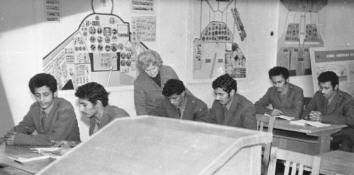 Yemeni student in the classroom behind them Mi-24D, Mi-24A nad Mi-8 instrument panels tableaux